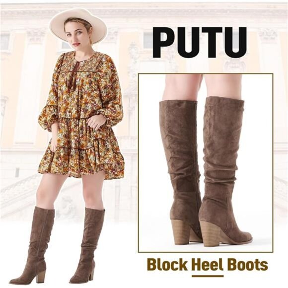 Women's Pointed Toe Knee High Boots Faux Suede Slouch Boots with Chunky - Picture 4 of 7